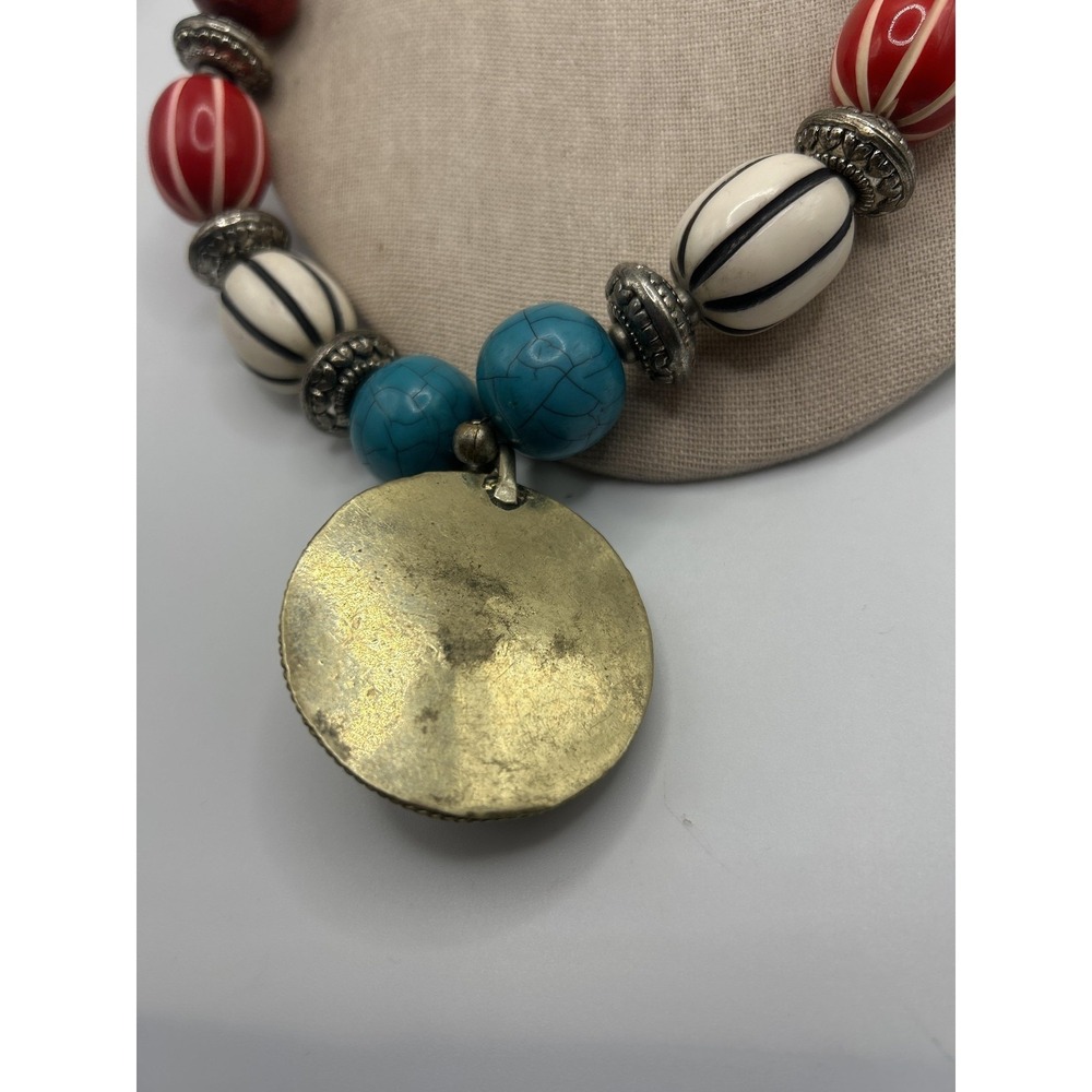 Boho Brass Statement Pendant Necklace Womens Beaded Multicolor - Picture 4 of 5